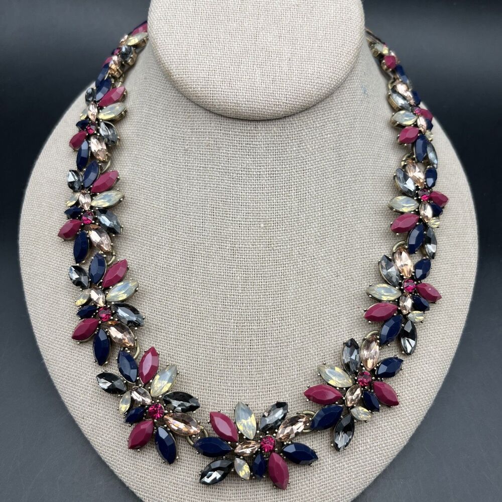 Loft Rhinestone Statement Necklace Pink Blue Gold Tone Floral Flower Look Bold